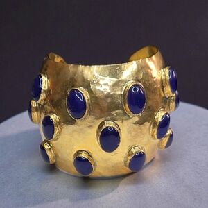 Insane Massive Triple Gold Plated Lapis Lazuli Cabochon Cuff Bracelet